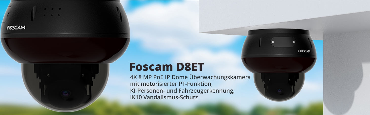 Foscam D8ET 4K 8 MP PoE IP Dome &Uuml;berwachungskamera mit motorisierter PT-Funktion, KI-Personen- und Fahrzeugerkennung, IK10 Vandalismus-Schutz (schwarz)