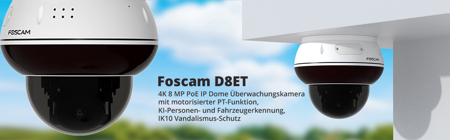 Foscam D8ET 4K 8 MP PoE IP Dome &Uuml;berwachungskamera mit motorisierter PT-Funktion, KI-Personen- und Fahrzeugerkennung, IK10 Vandalismus-Schutz (wei&szlig;)