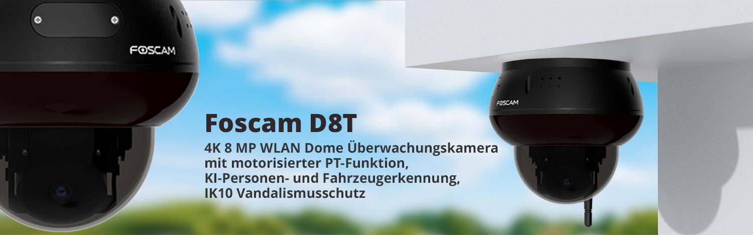 Foscam D8T 4K 8 MP WLAN Dome &Uuml;berwachungskamera mit motorisierter PT-Funktion, KI-Personen- und Fahrzeugerkennung, IK10 Vandalismusschutz, WiFi 6,  (schwarz)