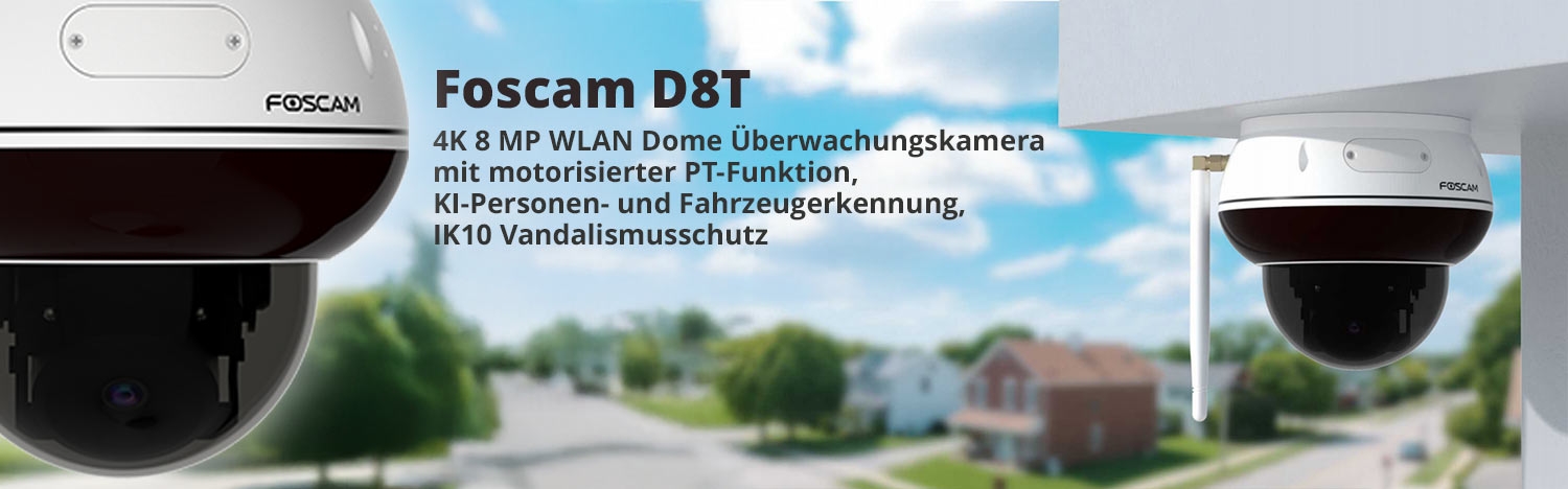 Foscam D8T 4K 8 MP WLAN Dome &Uuml;berwachungskamera mit motorisierter PT-Funktion, KI-Personen- und Fahrzeugerkennung, IK10 Vandalismusschutz, WiFi 6, (wei&szlig;)