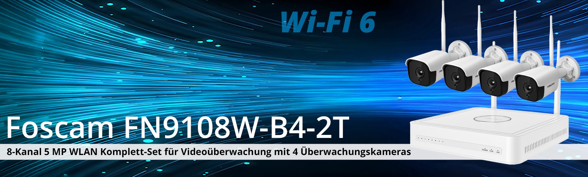 Foscam FN9108W-B4-2T 8-Kanal 5 MP WLAN-&Uuml;berwachungsset mit 4 &Uuml;berwachungskameras, Wi-Fi 6
