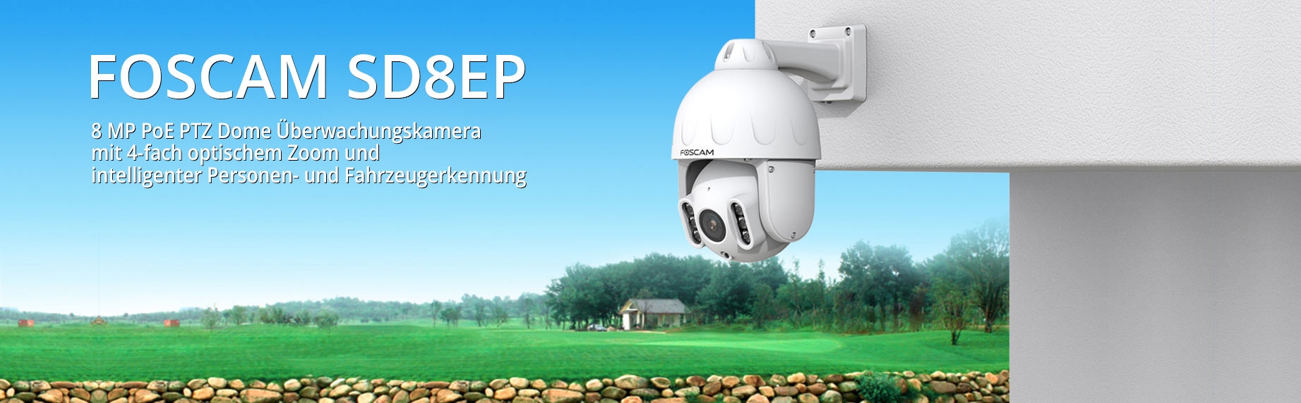 FOSCAM SD8EP hochaufl&ouml;sende 8 MP PoE PTZ Dome &Uuml;berwachungskamera mit 4-fach optischem Zoom und intelligenter Personen- und Fahrzeugerkennung