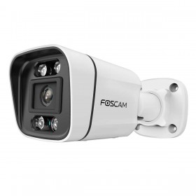 Foscam V5EP 5 MP POE-Überwachungskamera mit integriertem Scheinwerfer und einer Alarmsirene.