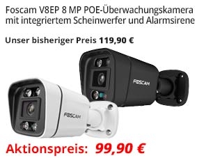 Foscam V8EP 8 MP POE-Überwachungskamera mit integriertem Scheinwerfer und einer Alarmsirene