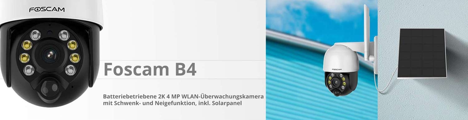 Foscam B4 batteriebetriebene 2K 4 MP WLAN-Überwachungskamera mit Schwenk- und Neigefunktion, inkl. hocheffizientem Solarpanel 