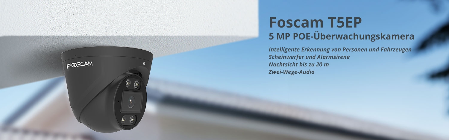 Foscam T5EP 5 MP POE-Überwachungskamera mit integriertem Scheinwerfer und einer Alarmsirene (weiß)