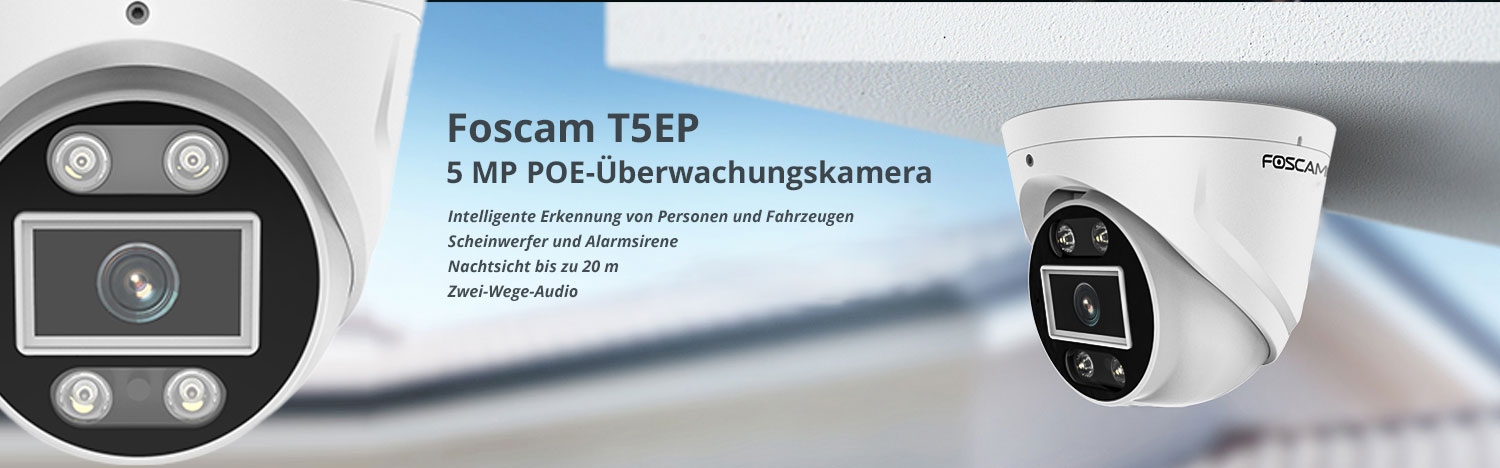 Foscam T5EP 5 MP POE-Überwachungskamera mit integriertem Scheinwerfer und einer Alarmsirene (weiß)